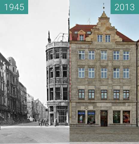 Before-and-after picture of Postal Palace in Wroclaw between 1945 and 2013