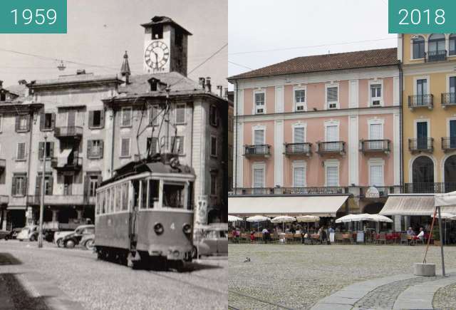 Before-and-after picture of Piazza Grande Locarno between 1959-Jun-15 and 2018-May-26