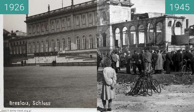 Before-and-after picture of Royal Palace, Wroclaw between 1926 and 1945