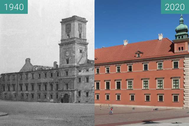 Before-and-after picture of Royal Castle, Warsaw between 1940 and 2020