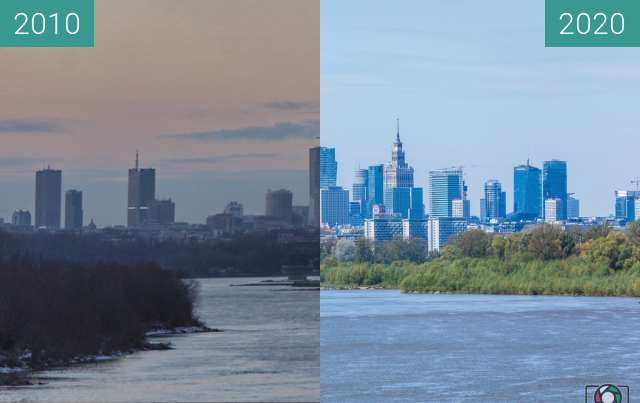 Before-and-after picture of Warsaw's Skyline between 2010 and 2020