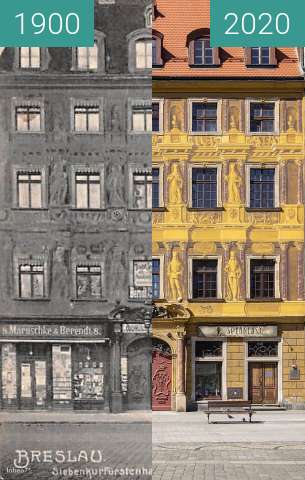 Before-and-after picture of Kamienica "Pod Siedmioma Elektorami" between 1900 and 2020