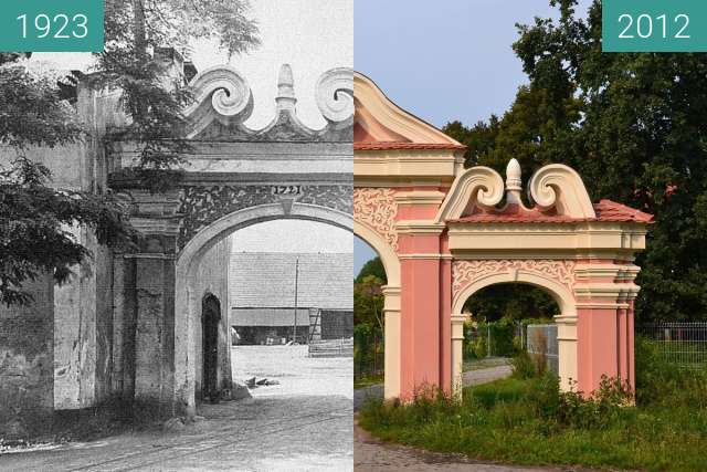 Before-and-after picture of Gate in Pałac Galowice between 1923 and 2012-Sep-02