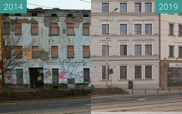 Before-and-after picture of Kamienica Pod Złotym Lwem between 2014 and 2019