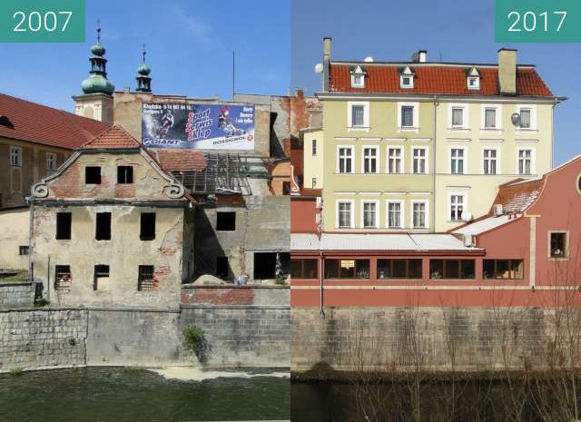 Before-and-after picture of Rebuilding of some facades in Klodzko after fload between 2007 and 2017