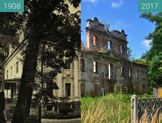 Before-and-after picture of Pałac w Parchowie between 1908 and 2017-Aug-05