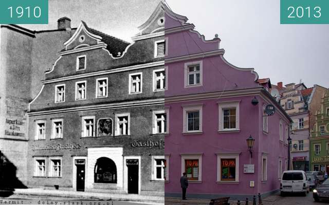 Before-and-after picture of Kamienica Pod Wilkiem between 1910 and 2013