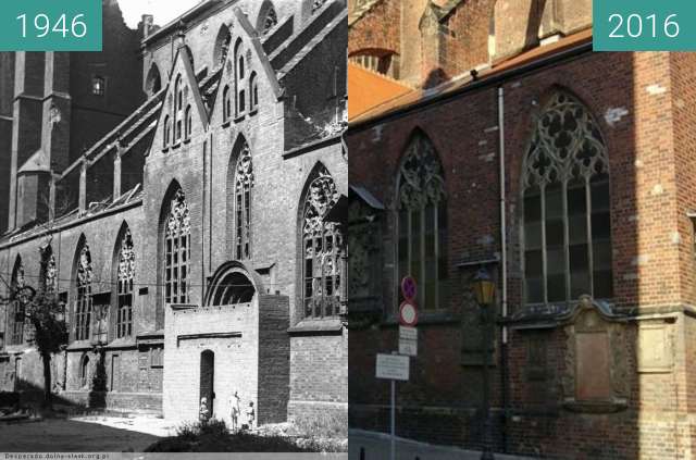 Before-and-after picture of Wroclaw Cathedral between 1946 and 2016