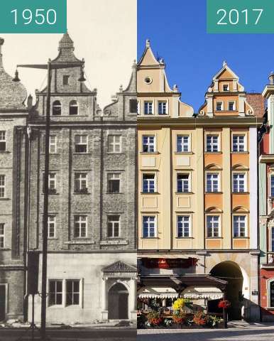 Before-and-after picture of Kamienica Pod Starą Szubienicą between 1950 and 2017