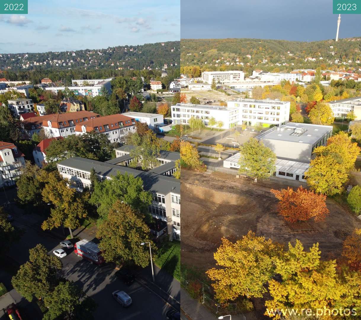 Before and After: Abriss der 94.POS Dresden (2022-Oct-04 & 2023-Oct-29)