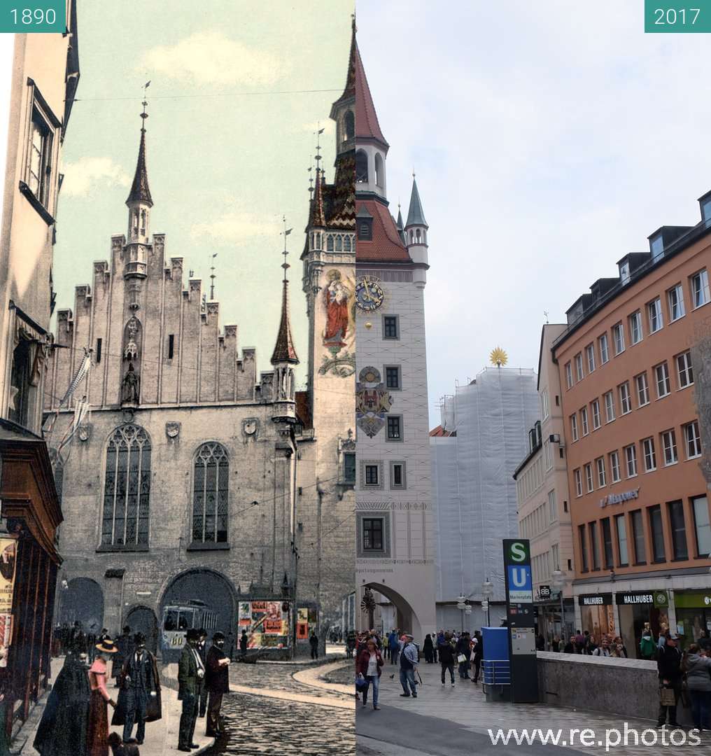 Before and After: Marienplatz München: Altes Rathaus (1890 & 2017-Sep-03)