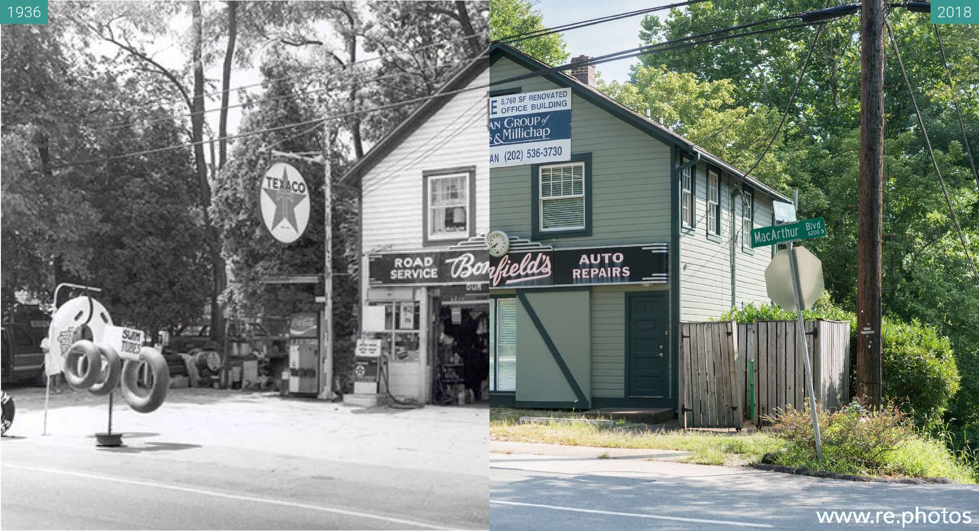 Before and After Bonfield's Garage (1936 & 2018Jul29)